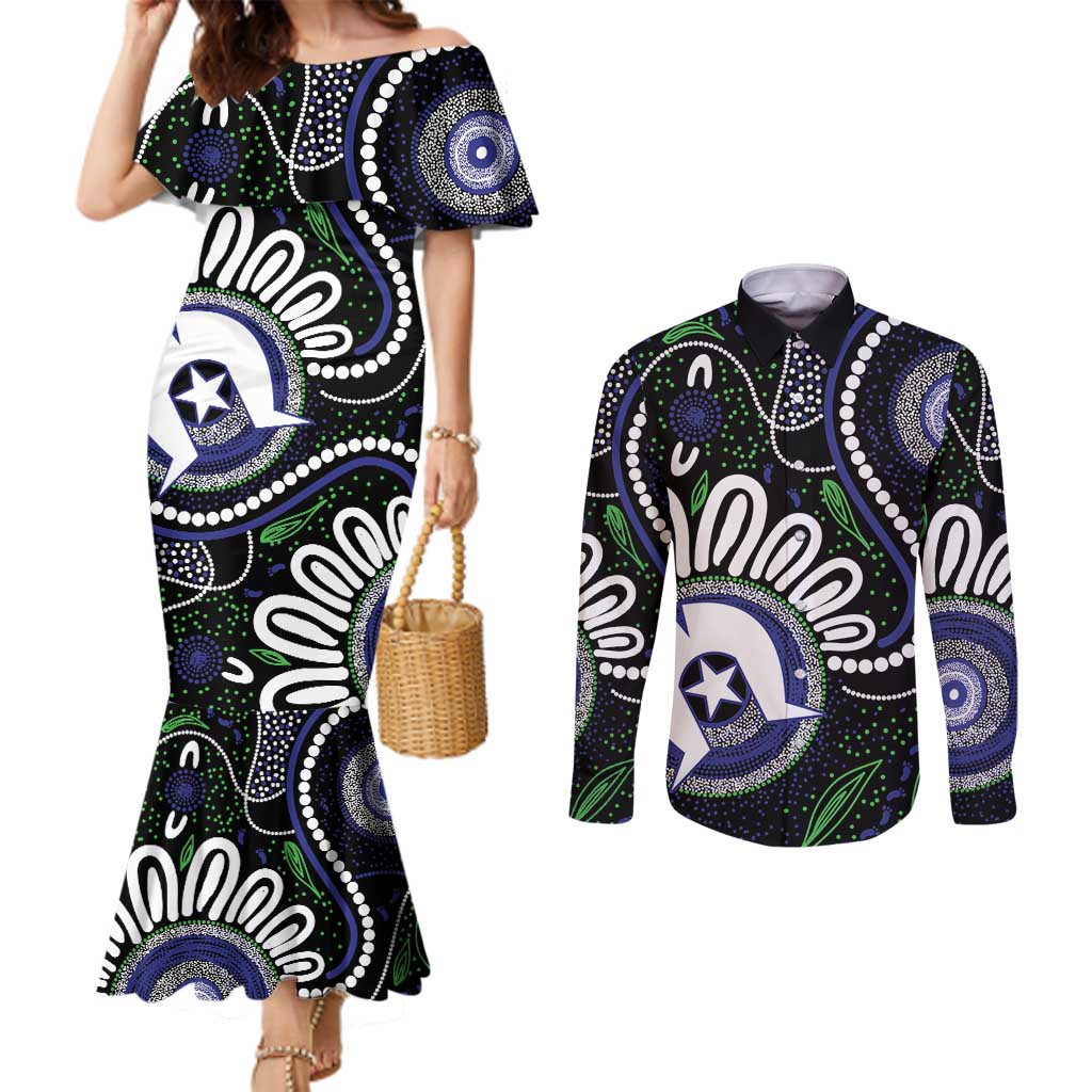 Torres Strait Islander Aboriginal Dot Painting Personalised Couples Matching Mermaid Dress and Long Sleeve Button Shirt