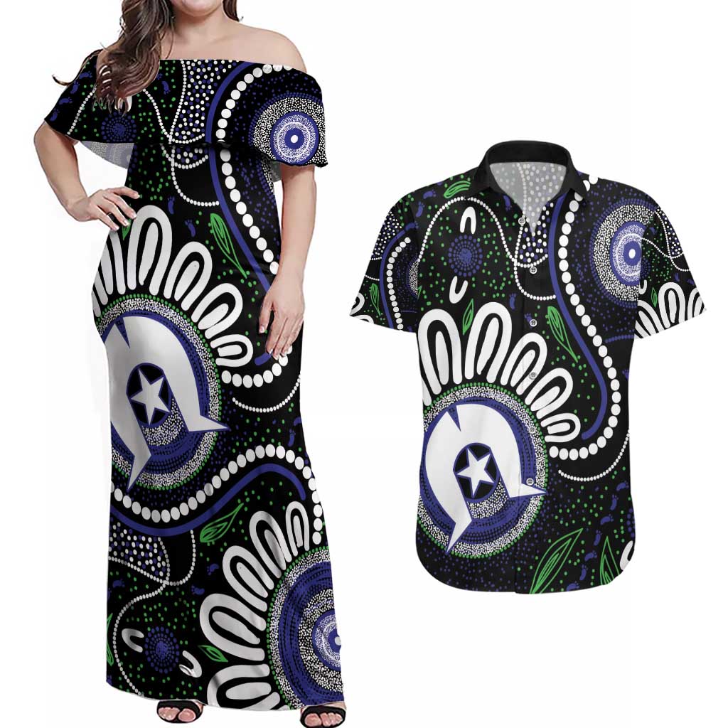 Torres Strait Islander Aboriginal Dot Painting Personalised Couples Matching Off Shoulder Maxi Dress and Hawaiian Shirt