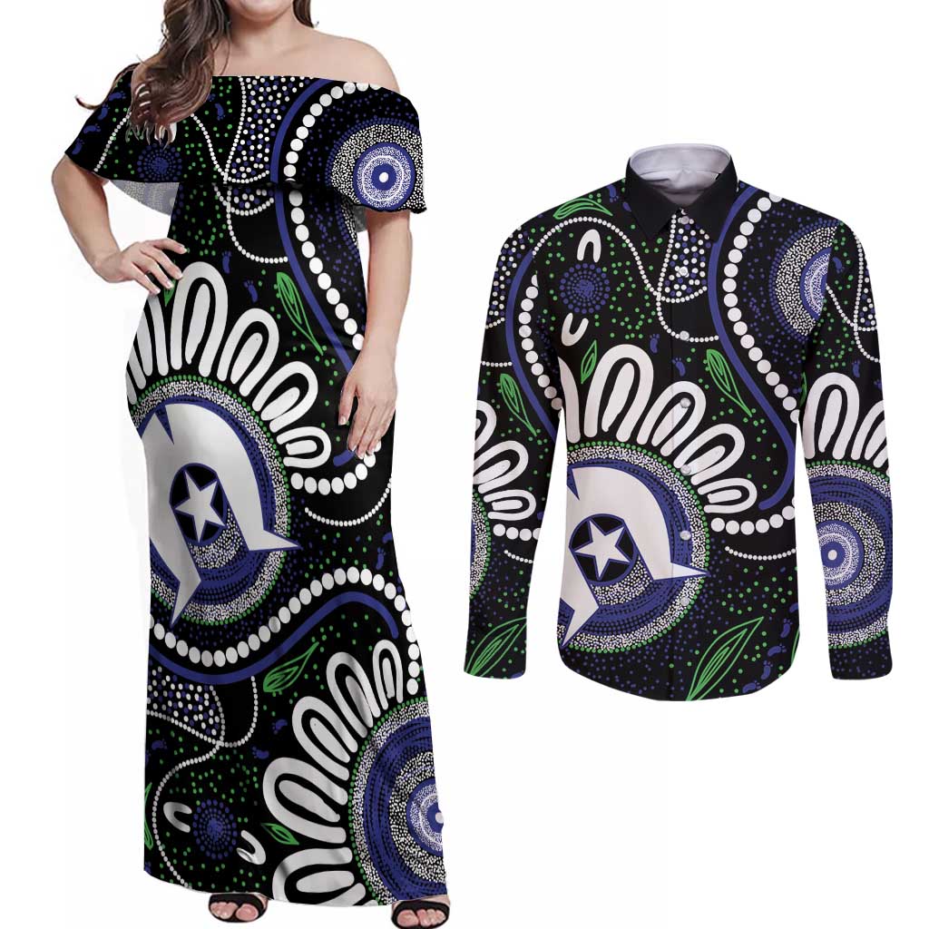 Torres Strait Islander Aboriginal Dot Painting Personalised Couples Matching Off Shoulder Maxi Dress and Long Sleeve Button Shirt