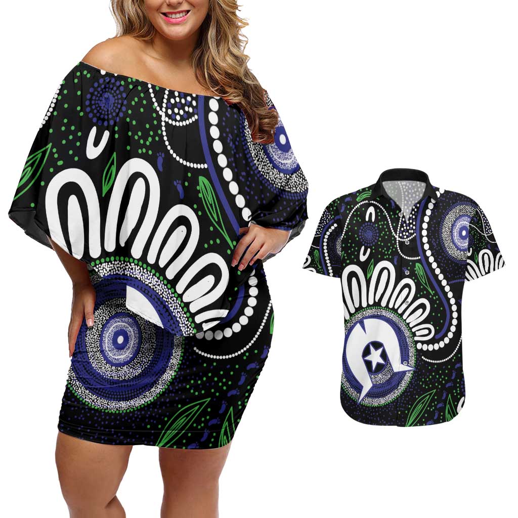 Torres Strait Islander Aboriginal Dot Painting Personalised Couples Matching Off Shoulder Short Dress and Hawaiian Shirt