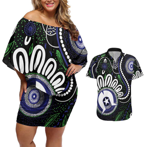 Torres Strait Islander Aboriginal Dot Painting Personalised Couples Matching Off Shoulder Short Dress and Hawaiian Shirt