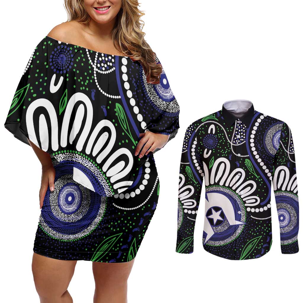 Torres Strait Islander Aboriginal Dot Painting Personalised Couples Matching Off Shoulder Short Dress and Long Sleeve Button Shirt