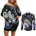 Torres Strait Islander Aboriginal Dot Painting Personalised Couples Matching Off Shoulder Short Dress and Long Sleeve Button Shirt
