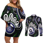 Torres Strait Islander Aboriginal Dot Painting Personalised Couples Matching Off Shoulder Short Dress and Long Sleeve Button Shirt