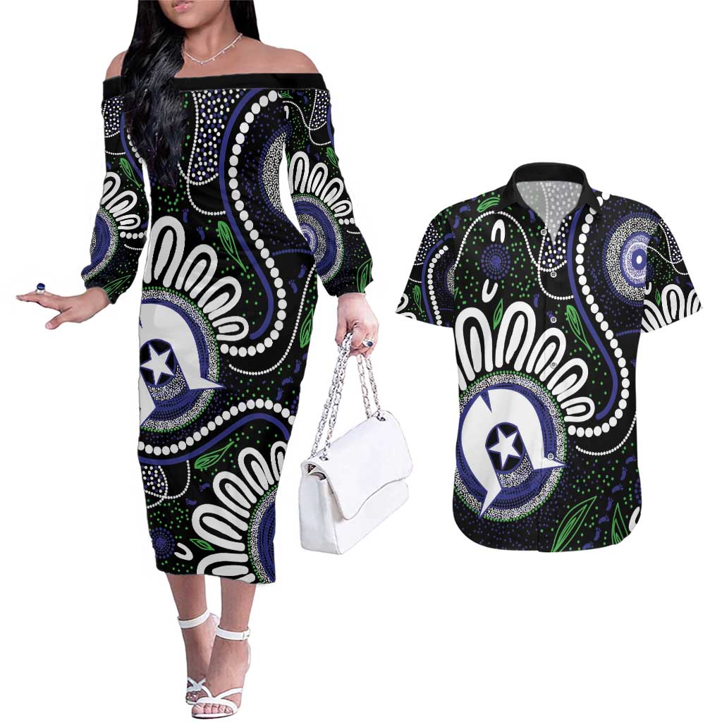 Torres Strait Islander Aboriginal Dot Painting Personalised Couples Matching Off The Shoulder Long Sleeve Dress and Hawaiian Shirt