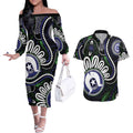 Torres Strait Islander Aboriginal Dot Painting Personalised Couples Matching Off The Shoulder Long Sleeve Dress and Hawaiian Shirt