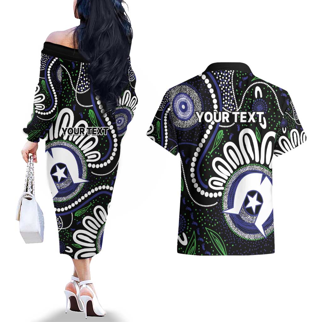 Torres Strait Islander Aboriginal Dot Painting Personalised Couples Matching Off The Shoulder Long Sleeve Dress and Hawaiian Shirt