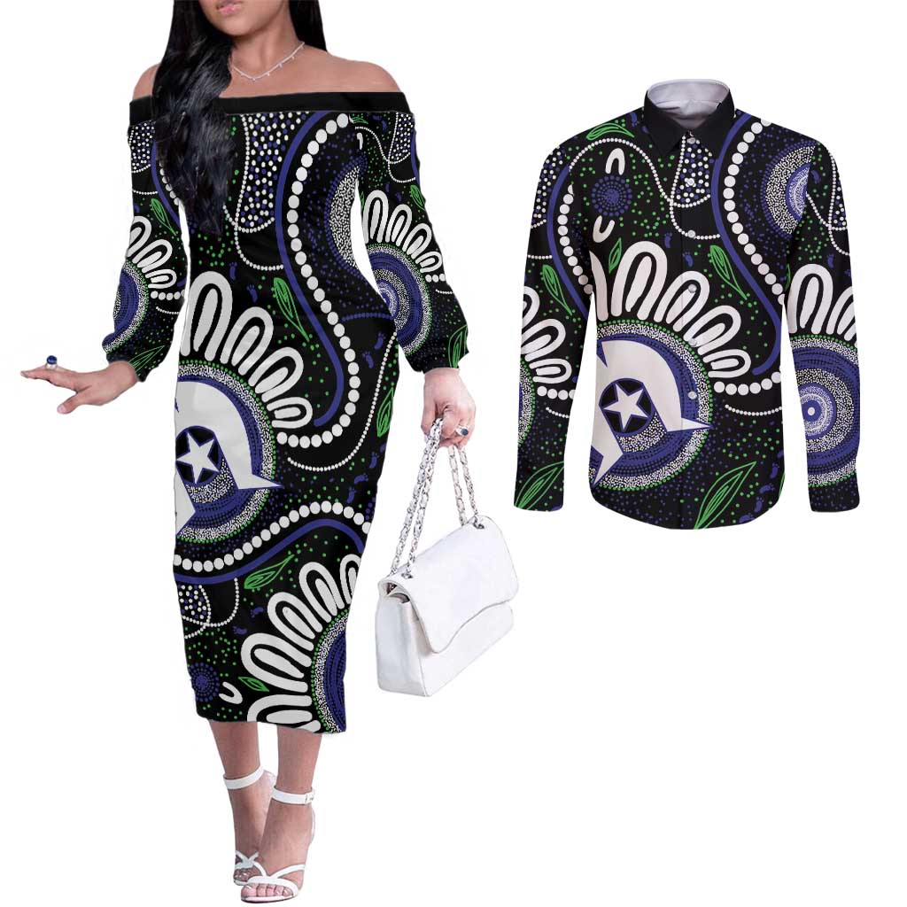 Torres Strait Islander Aboriginal Dot Painting Personalised Couples Matching Off The Shoulder Long Sleeve Dress and Long Sleeve Button Shirt