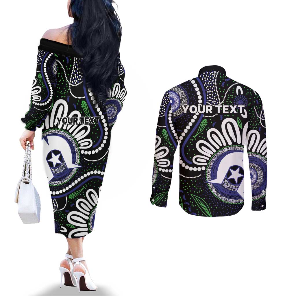 Torres Strait Islander Aboriginal Dot Painting Personalised Couples Matching Off The Shoulder Long Sleeve Dress and Long Sleeve Button Shirt