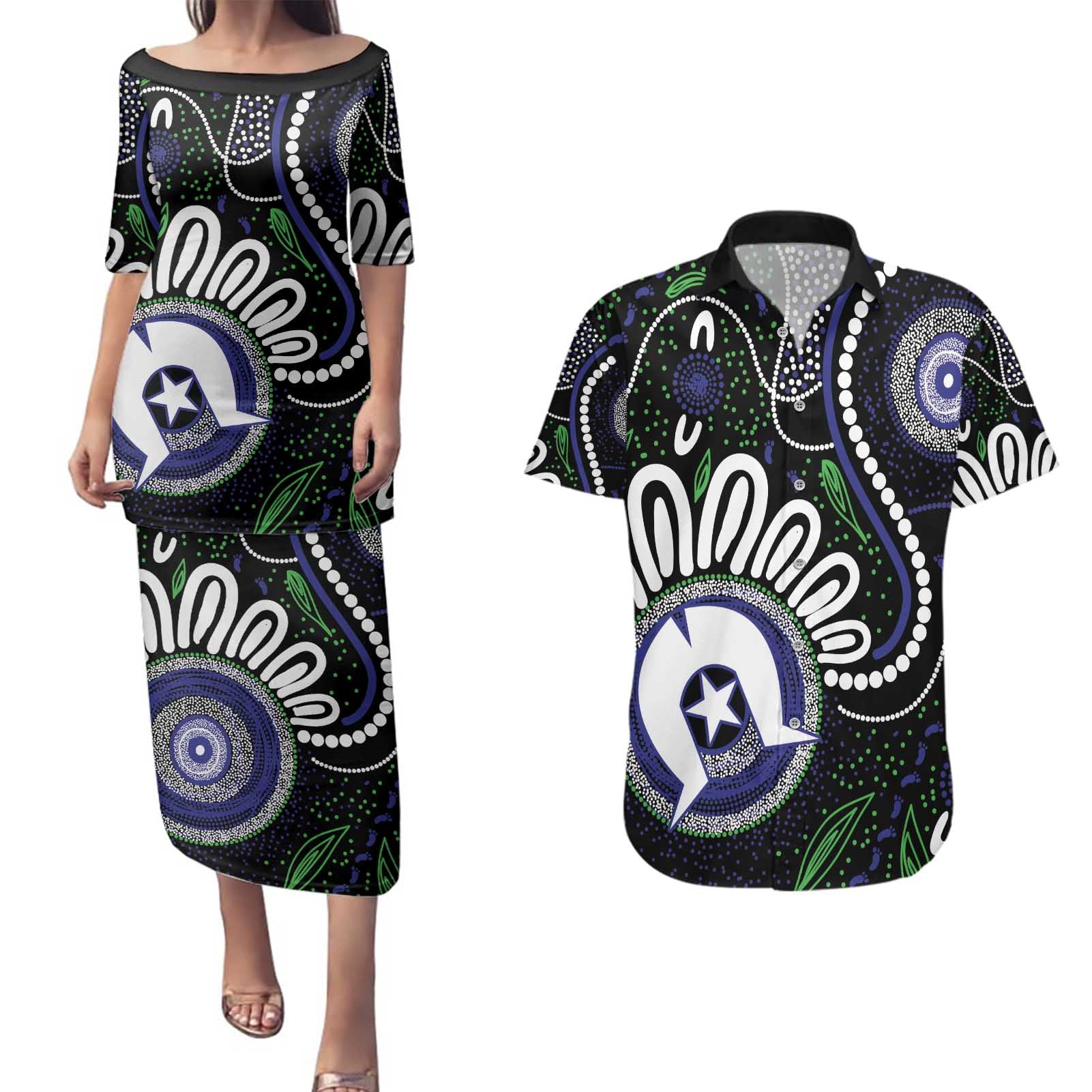 Torres Strait Islander Aboriginal Dot Painting Personalised Couples Matching Puletasi and Hawaiian Shirt