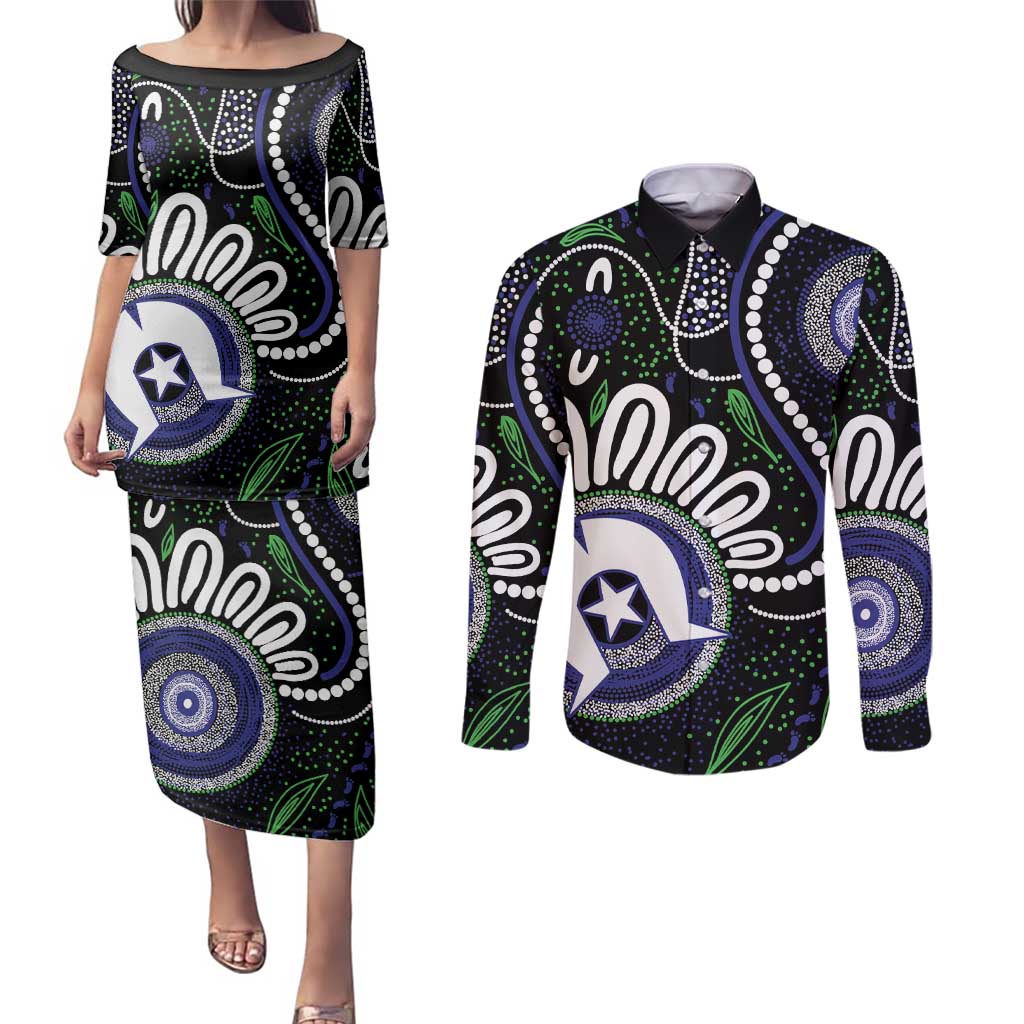 Torres Strait Islander Aboriginal Dot Painting Personalised Couples Matching Puletasi and Long Sleeve Button Shirt