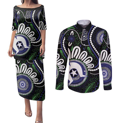 Torres Strait Islander Aboriginal Dot Painting Personalised Couples Matching Puletasi and Long Sleeve Button Shirt