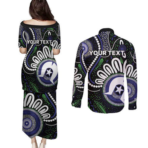 Torres Strait Islander Aboriginal Dot Painting Personalised Couples Matching Puletasi and Long Sleeve Button Shirt