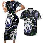 Torres Strait Islander Aboriginal Dot Painting Personalised Couples Matching Short Sleeve Bodycon Dress and Hawaiian Shirt