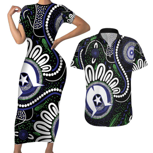 Torres Strait Islander Aboriginal Dot Painting Personalised Couples Matching Short Sleeve Bodycon Dress and Hawaiian Shirt