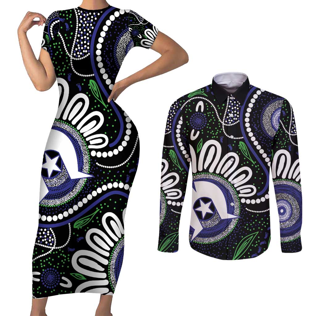 Torres Strait Islander Aboriginal Dot Painting Personalised Couples Matching Short Sleeve Bodycon Dress and Long Sleeve Button Shirt
