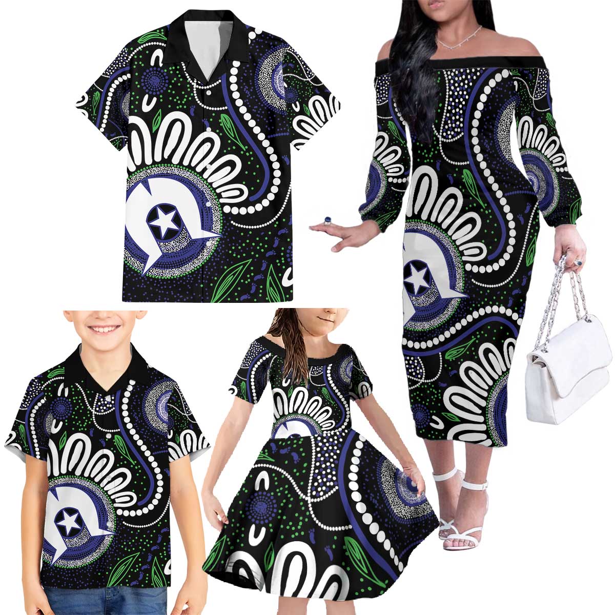 Torres Strait Islander Aboriginal Dot Painting Personalised Family Matching Off The Shoulder Long Sleeve Dress and Hawaiian Shirt