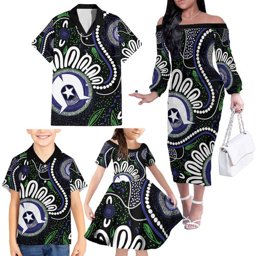 Torres Strait Islander Aboriginal Dot Painting Personalised Family Matching Off The Shoulder Long Sleeve Dress and Hawaiian Shirt