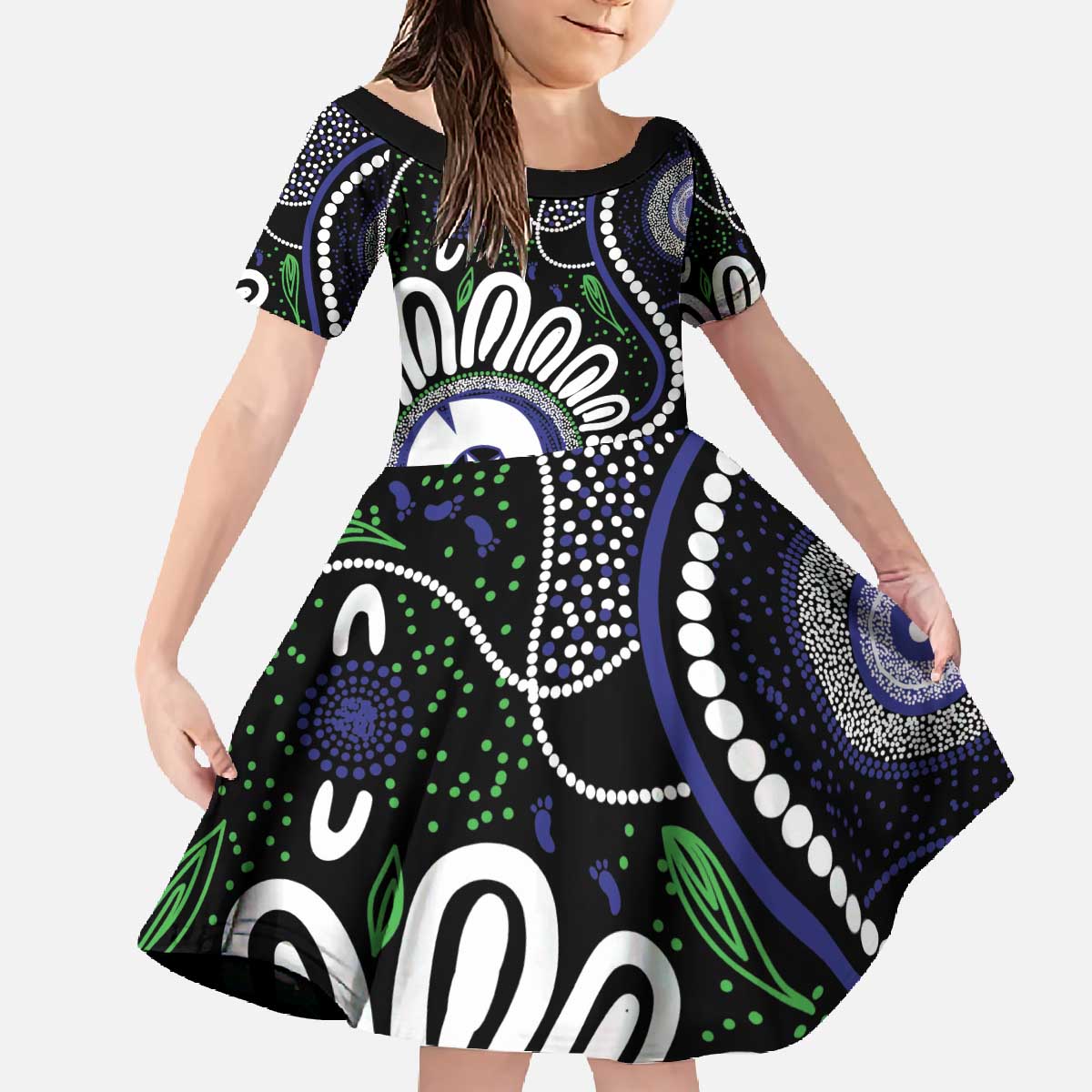 Torres Strait Islander Aboriginal Dot Painting Personalised Family Matching Off The Shoulder Long Sleeve Dress and Hawaiian Shirt
