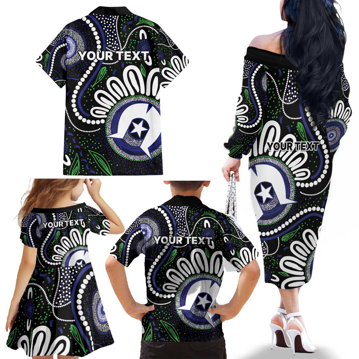 Torres Strait Islander Aboriginal Dot Painting Personalised Family Matching Off The Shoulder Long Sleeve Dress and Hawaiian Shirt