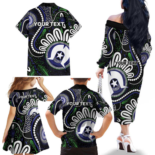 Torres Strait Islander Aboriginal Dot Painting Personalised Family Matching Off The Shoulder Long Sleeve Dress and Hawaiian Shirt
