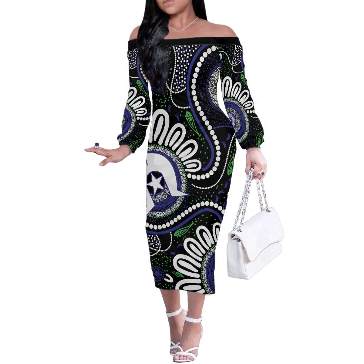 Torres Strait Islander Aboriginal Dot Painting Personalised Family Matching Off The Shoulder Long Sleeve Dress and Hawaiian Shirt
