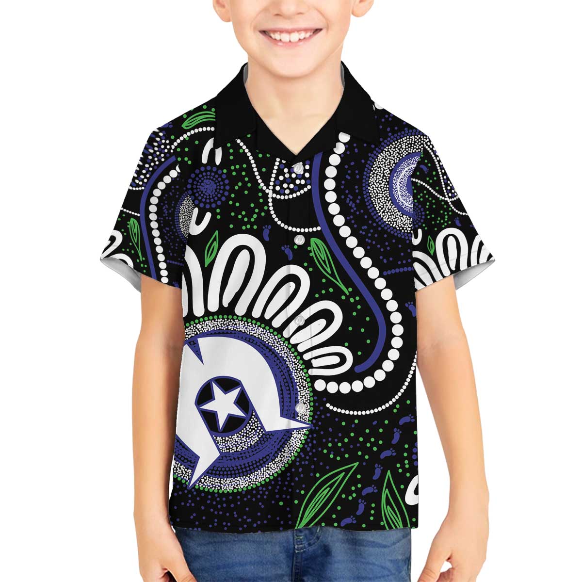 Torres Strait Islander Aboriginal Dot Painting Personalised Family Matching Off The Shoulder Long Sleeve Dress and Hawaiian Shirt