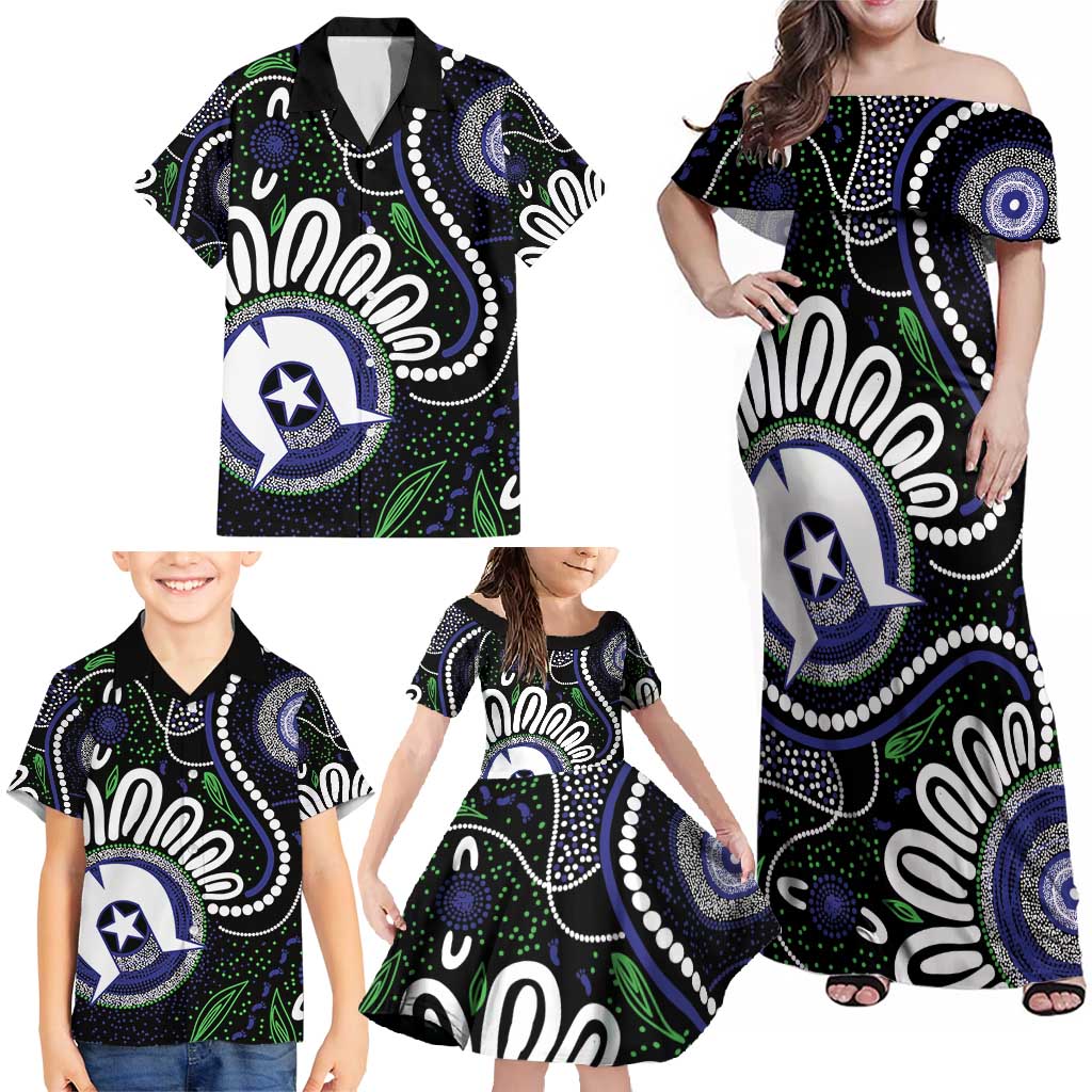 Torres Strait Islander Aboriginal Dot Painting Personalised Family Matching Off Shoulder Maxi Dress and Hawaiian Shirt
