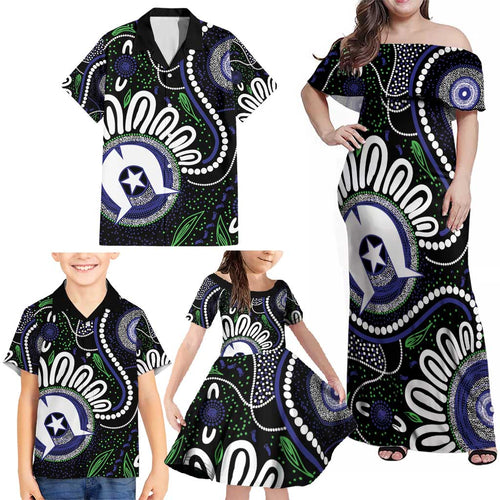 Torres Strait Islander Aboriginal Dot Painting Personalised Family Matching Off Shoulder Maxi Dress and Hawaiian Shirt