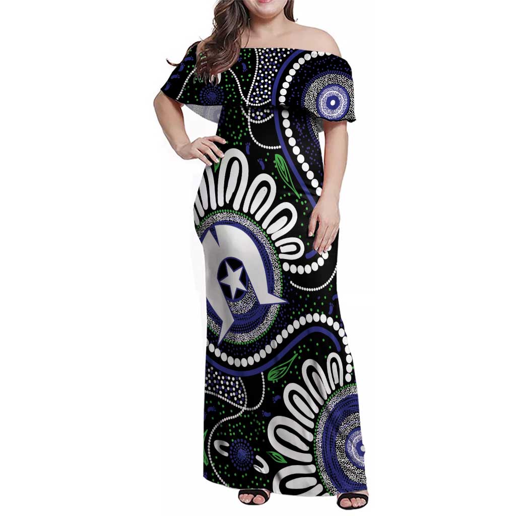 Torres Strait Islander Aboriginal Dot Painting Personalised Family Matching Off Shoulder Maxi Dress and Hawaiian Shirt