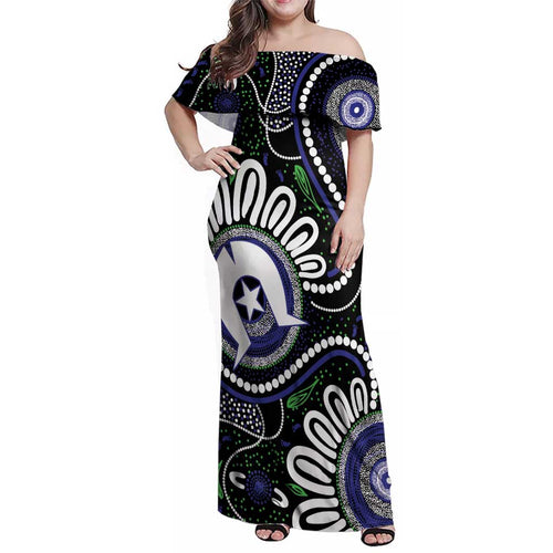 Torres Strait Islander Aboriginal Dot Painting Personalised Family Matching Off Shoulder Maxi Dress and Hawaiian Shirt