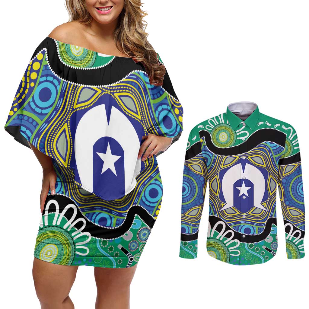 Torres Strait Islander Heal Country Personalised Couples Matching Off Shoulder Short Dress and Long Sleeve Button Shirt