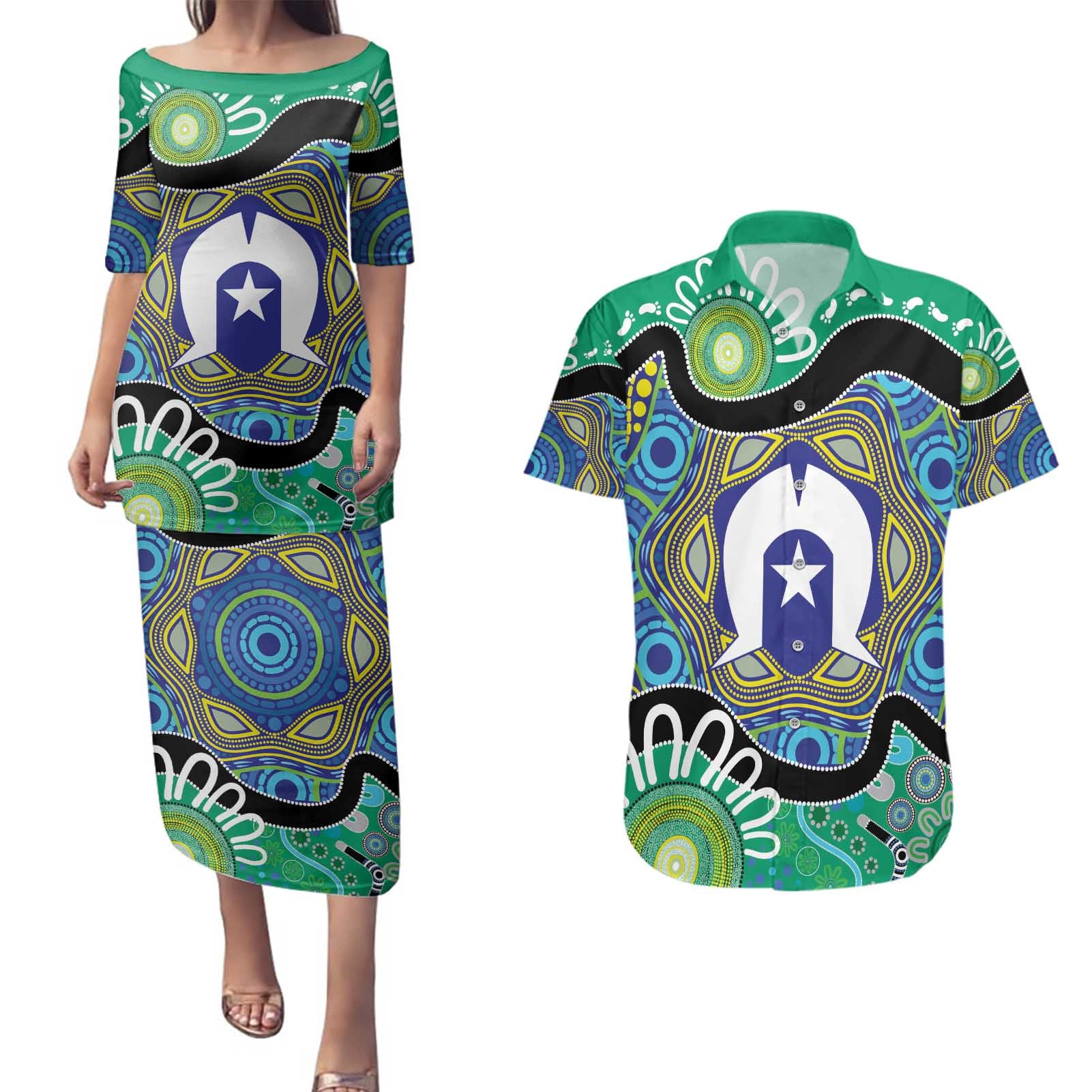 Torres Strait Islander Heal Country Personalised Couples Matching Puletasi and Hawaiian Shirt