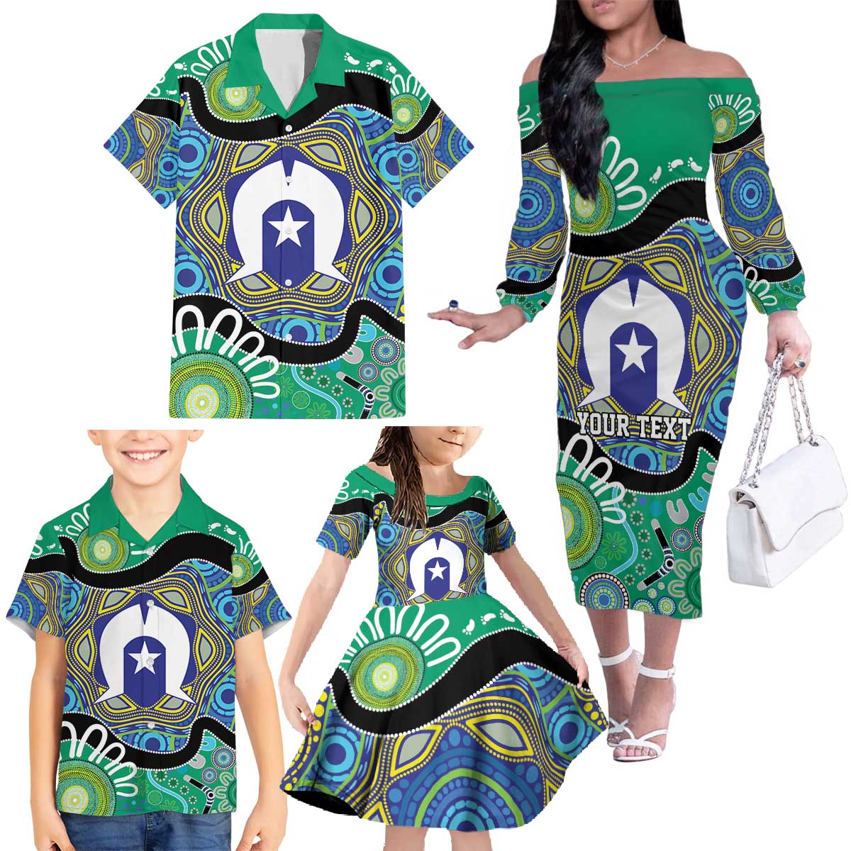 Torres Strait Islander Heal Country Personalised Family Matching Off The Shoulder Long Sleeve Dress and Hawaiian Shirt
