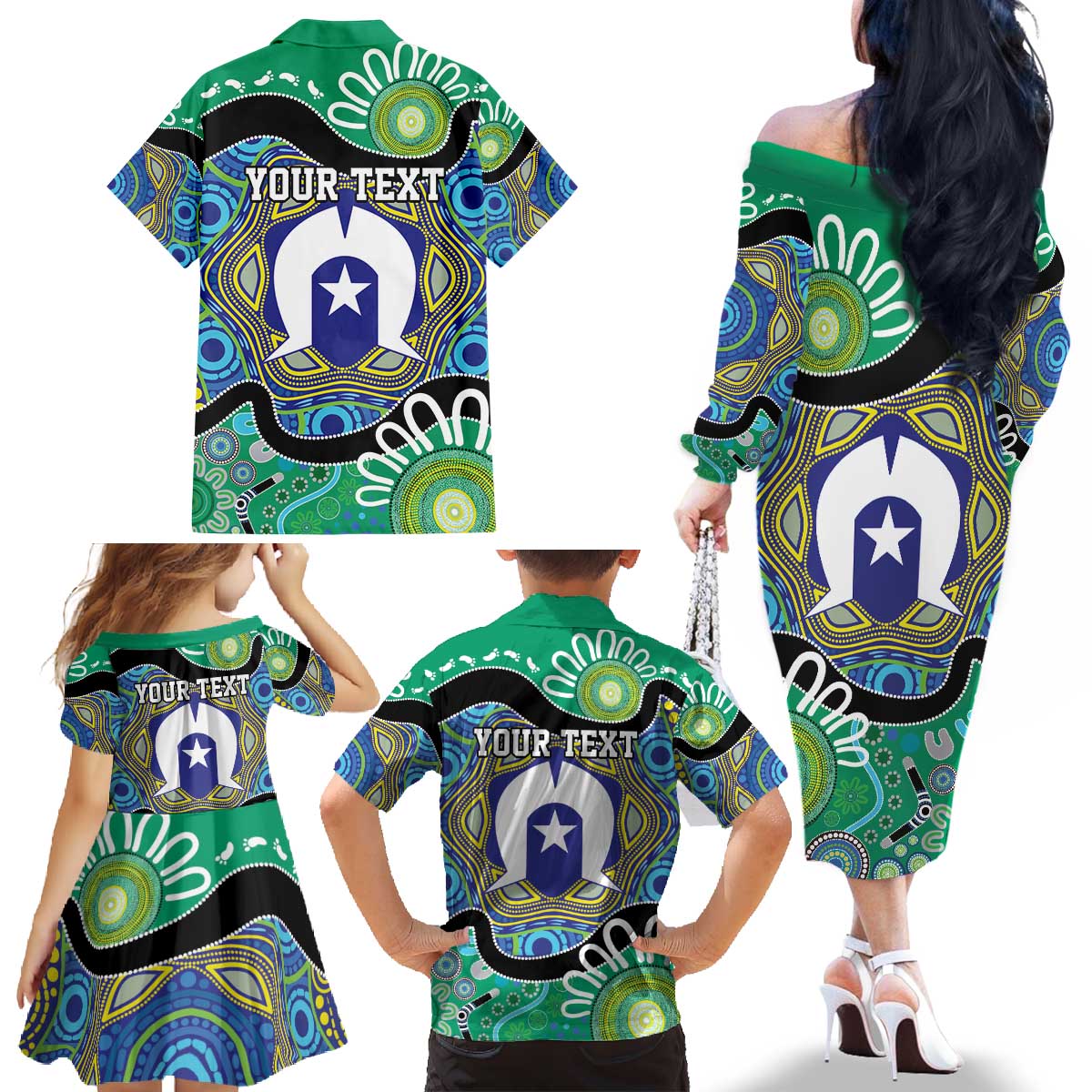 Torres Strait Islander Heal Country Personalised Family Matching Off The Shoulder Long Sleeve Dress and Hawaiian Shirt