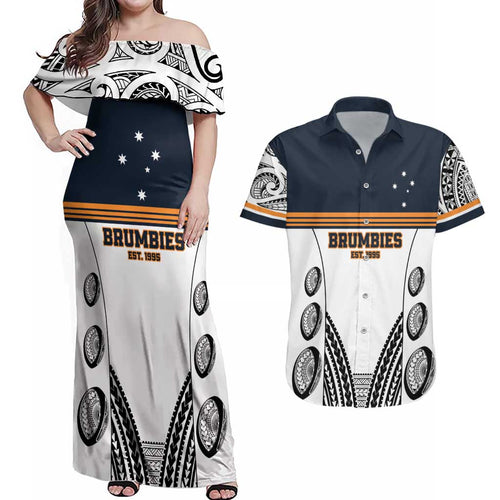 Australia Rugby Pacific Custom Couples Matching Off Shoulder Maxi Dress and Hawaiian Shirt 2003 Brumby Vintage Old