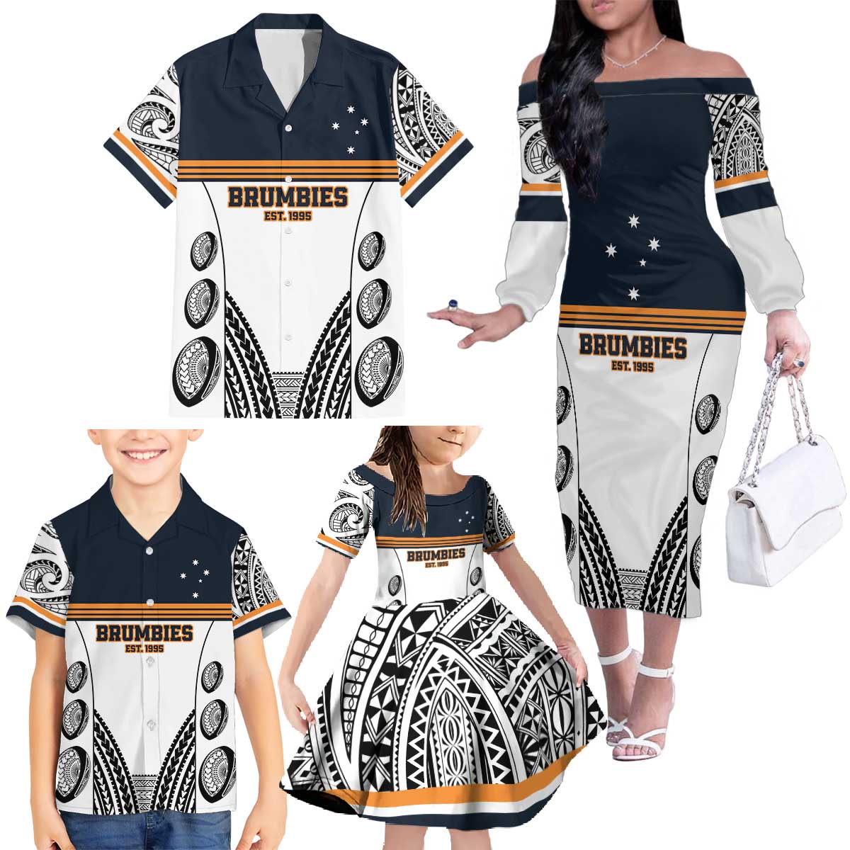 Australia Rugby Pacific Custom Family Matching Off The Shoulder Long Sleeve Dress and Hawaiian Shirt 2003 Brumby Vintage Old