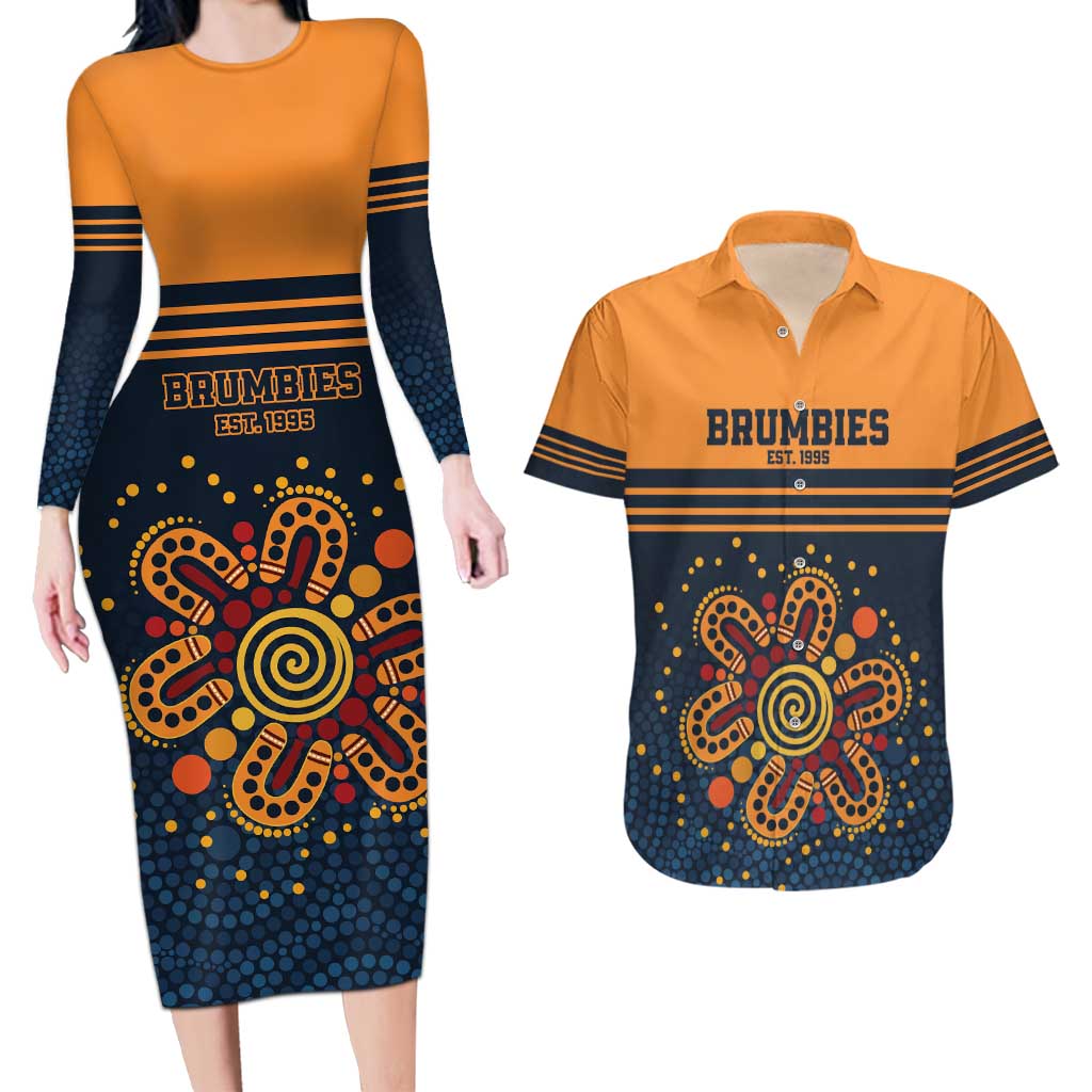 Australia Rugby Pacific Custom Couples Matching Long Sleeve Bodycon Dress and Hawaiian Shirt Super Brumby Aboriginal Dot Art