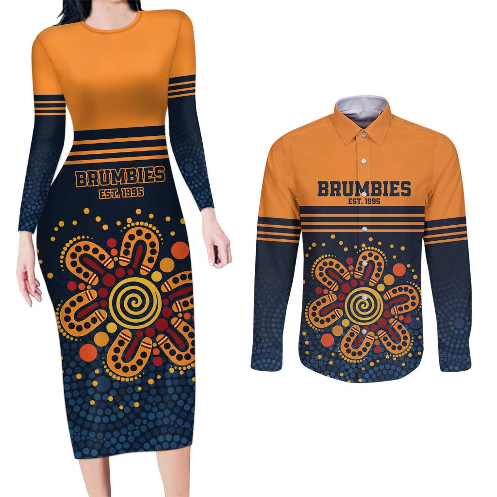 Australia Rugby Pacific Custom Couples Matching Long Sleeve Bodycon Dress and Long Sleeve Button Shirt Super Brumby Aboriginal Dot Art