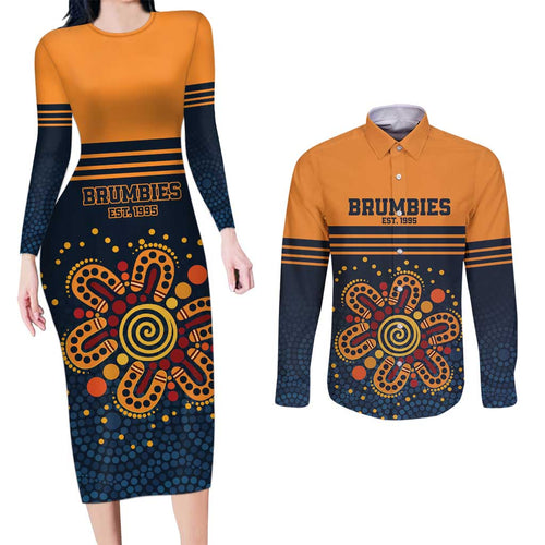 Australia Rugby Pacific Custom Couples Matching Long Sleeve Bodycon Dress and Long Sleeve Button Shirt Super Brumby Aboriginal Dot Art
