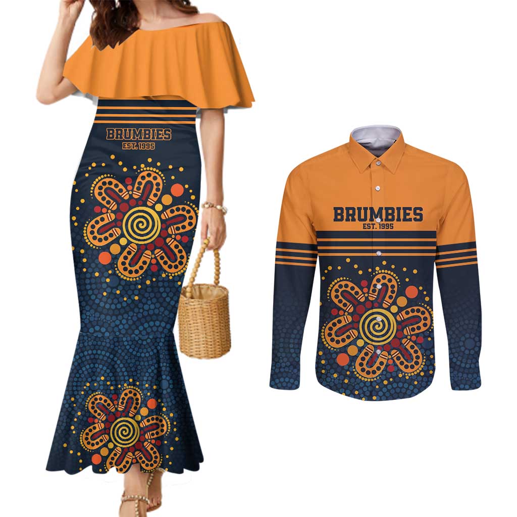 Australia Rugby Pacific Custom Couples Matching Mermaid Dress and Long Sleeve Button Shirt Super Brumby Aboriginal Dot Art
