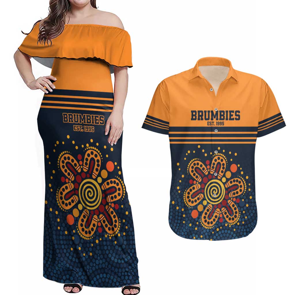 Australia Rugby Pacific Custom Couples Matching Off Shoulder Maxi Dress and Hawaiian Shirt Super Brumby Aboriginal Dot Art