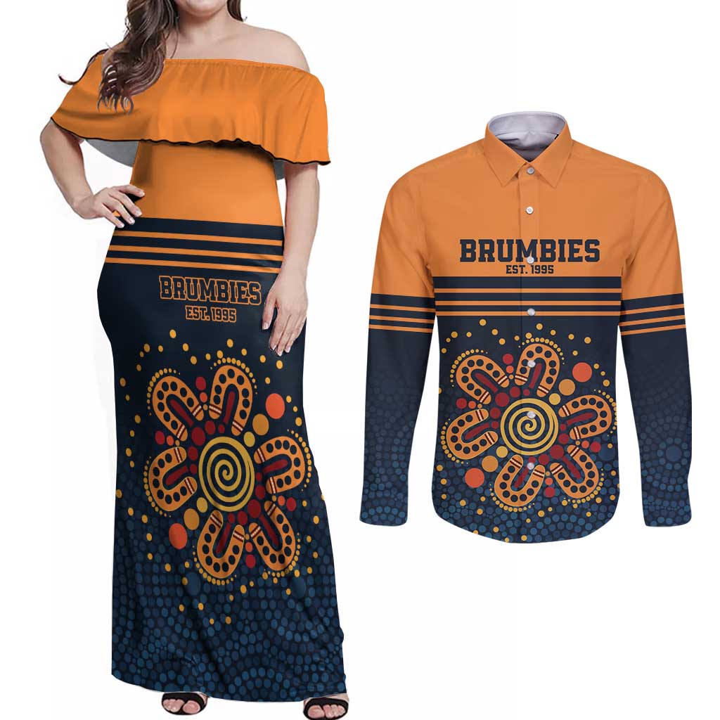 Australia Rugby Pacific Custom Couples Matching Off Shoulder Maxi Dress and Long Sleeve Button Shirt Super Brumby Aboriginal Dot Art