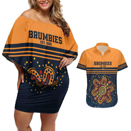Australia Rugby Pacific Custom Couples Matching Off Shoulder Short Dress and Hawaiian Shirt Super Brumby Aboriginal Dot Art