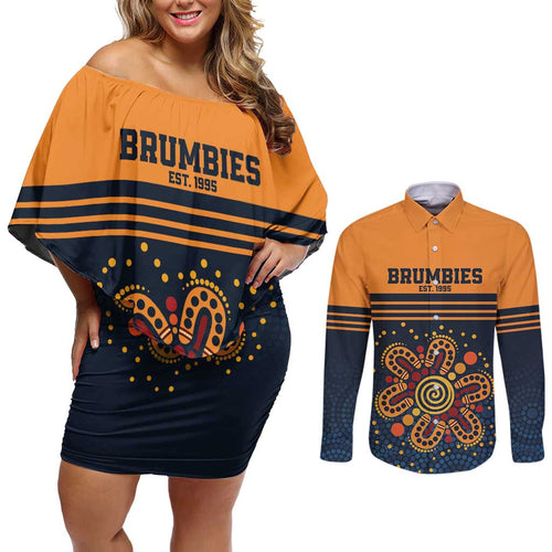 Australia Rugby Pacific Custom Couples Matching Off Shoulder Short Dress and Long Sleeve Button Shirt Super Brumby Aboriginal Dot Art