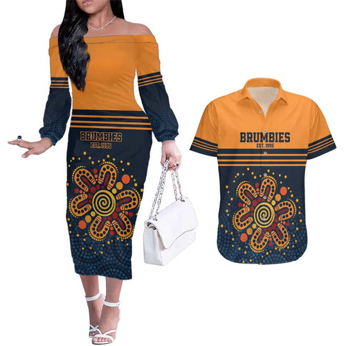 Australia Rugby Pacific Custom Couples Matching Off The Shoulder Long Sleeve Dress and Hawaiian Shirt Super Brumby Aboriginal Dot Art