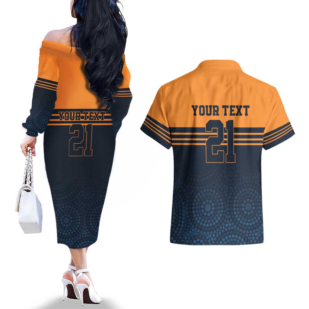 Australia Rugby Pacific Custom Couples Matching Off The Shoulder Long Sleeve Dress and Hawaiian Shirt Super Brumby Aboriginal Dot Art