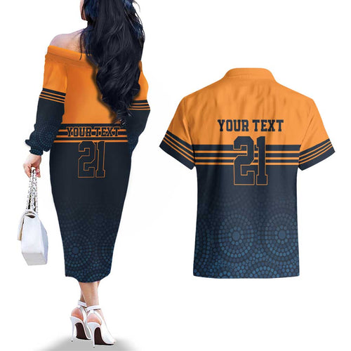 Australia Rugby Pacific Custom Couples Matching Off The Shoulder Long Sleeve Dress and Hawaiian Shirt Super Brumby Aboriginal Dot Art