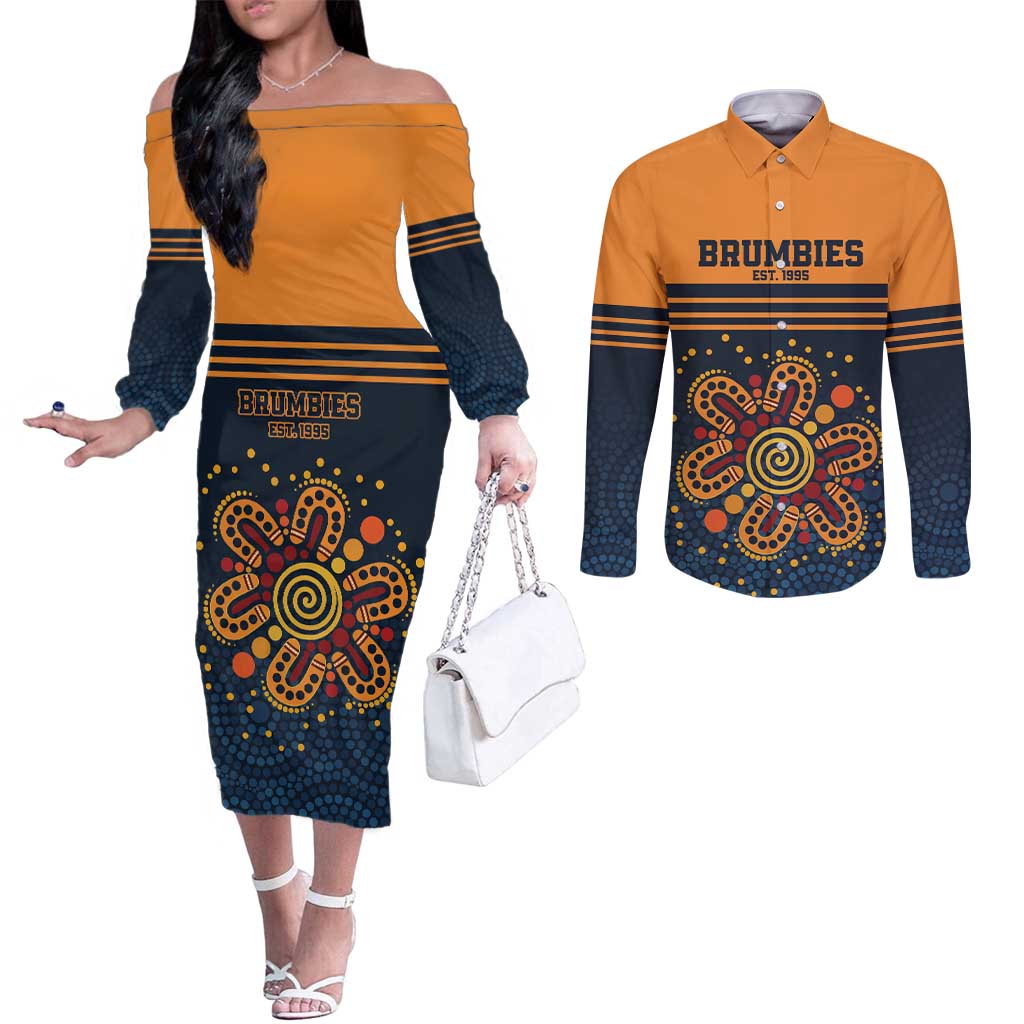 Australia Rugby Pacific Custom Couples Matching Off The Shoulder Long Sleeve Dress and Long Sleeve Button Shirt Super Brumby Aboriginal Dot Art