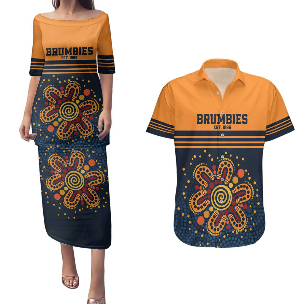Australia Rugby Pacific Custom Couples Matching Puletasi and Hawaiian Shirt Super Brumby Aboriginal Dot Art